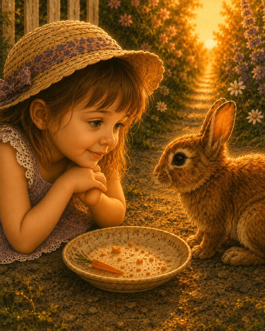 Zoriana sharing a bowl of treats with the Curious Bunny at sunset